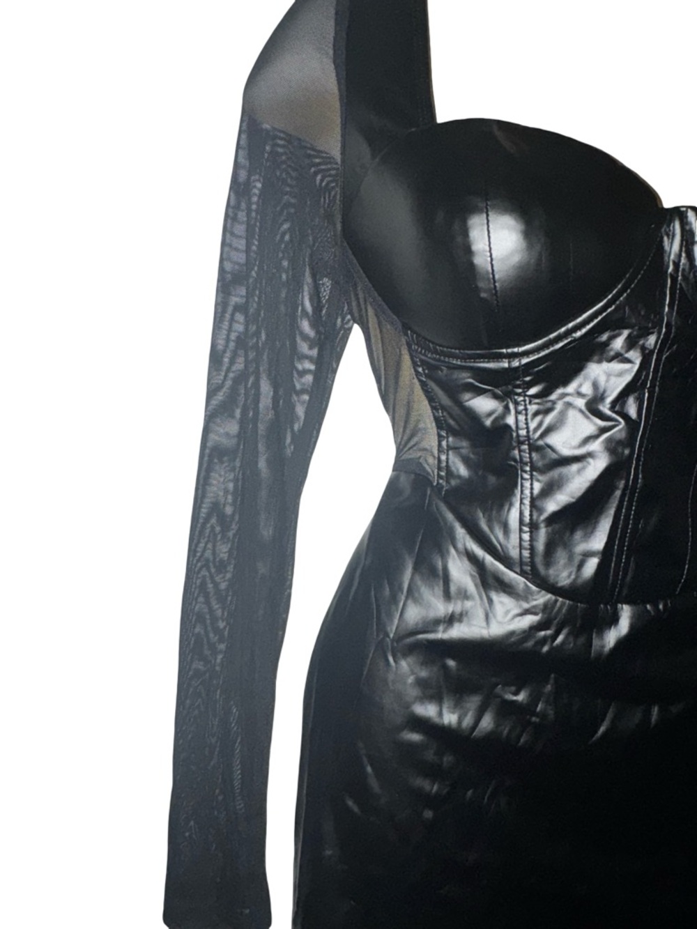 Black Faux-Leather Corset Mini Dress with mesh Long Sleeves - Picture 3 of 5